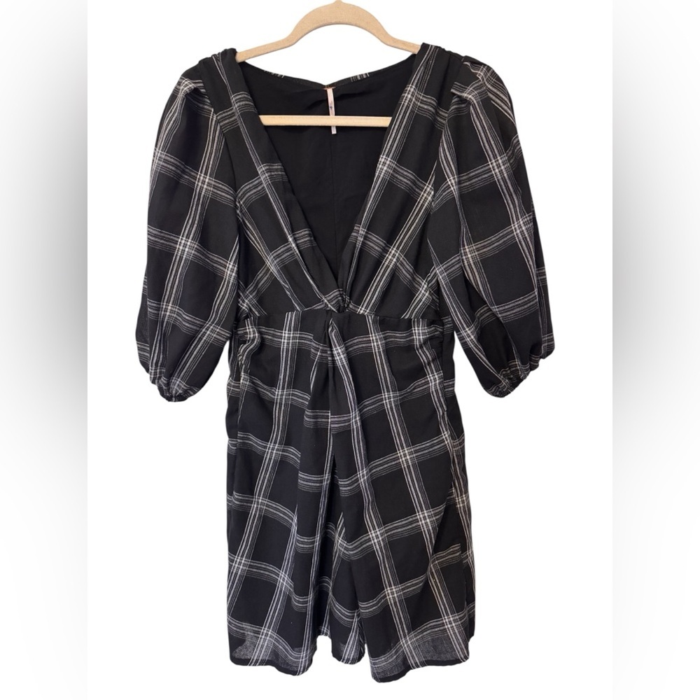 Free People Black & White Miss Molly Puff Balloon Sleeve Plaid Dress Sz 0 VNeck